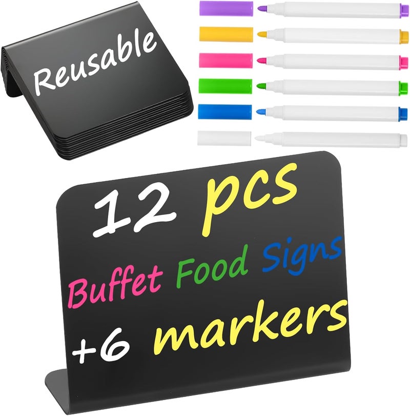 Herda 12 Pack 4"x3" Small Food Labels for Party Buffet Food Signs for Birthday Bakery Wedding Signs Tags Food Tags Place Cards Message Board Signs Mini Chalkboard Signs Includes 6 Wet Erase Markers - Image 1